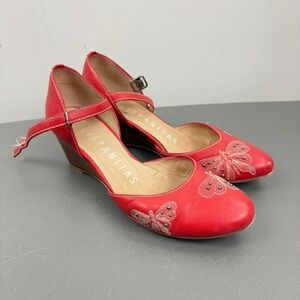 Red Leather Wedge Shoes with Strap and Rounded Toe
